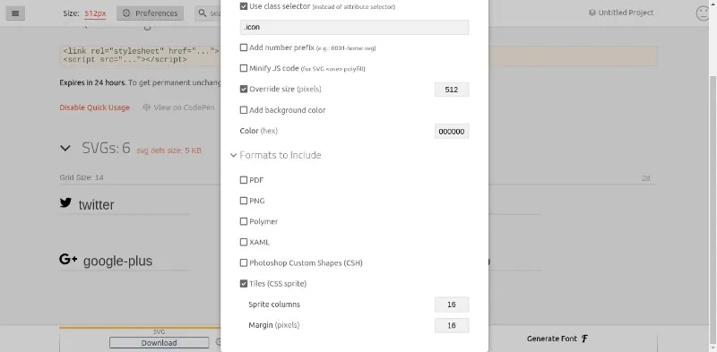 Setting preferences in IcoMoon App