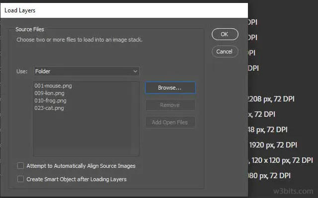 Photoshop's Load layers screen